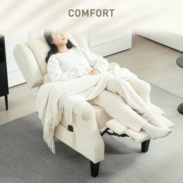 Lift-back recliner chair with vibration massage, extendable footrest, remote control, cream color