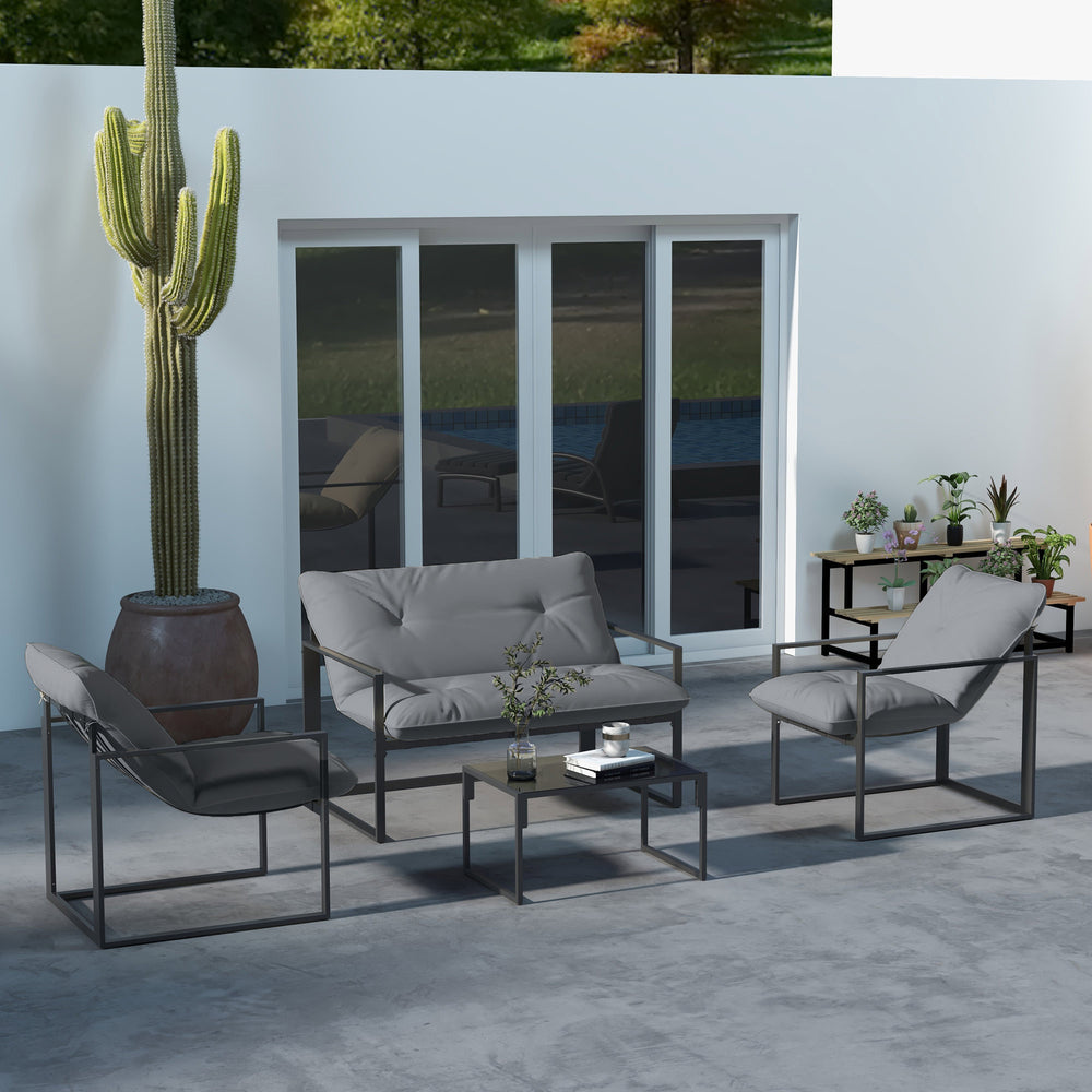4 Piece Outdoor Furniture Set, Patio Conversation Set with Tempered Glass Table, Loveseat, 2 Chairs and Cushions, Grey