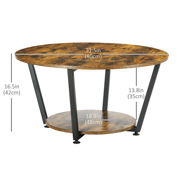 2-Tier Round Coffee Table with Storage Shelf, Rustic Brown