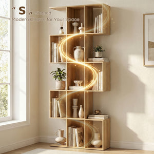 5-Tier S-Shaped Geometric Bookshelf with 15 Compartments, Oak Colour