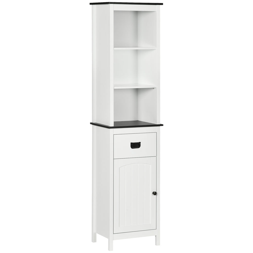 Tall freestanding storage cabinet with drawer and adjustable shelf for living room, white