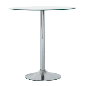 Round dining table with tempered glass top, galvanized metal base, silver