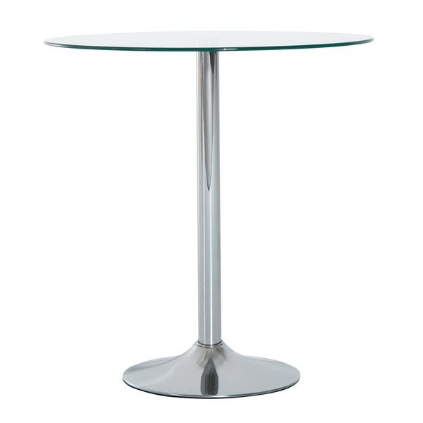 Round dining table with tempered glass top, galvanized metal base, silver