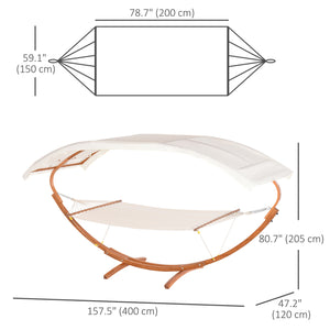 2-person hammock bed and stand set with wooden canopy, white/teak