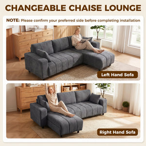 L-shaped sectional sofa with reversible chaise and pocket springs, dark gray