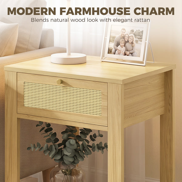 Side Tables with Drawer, Natural Wood Finish, Set of 2