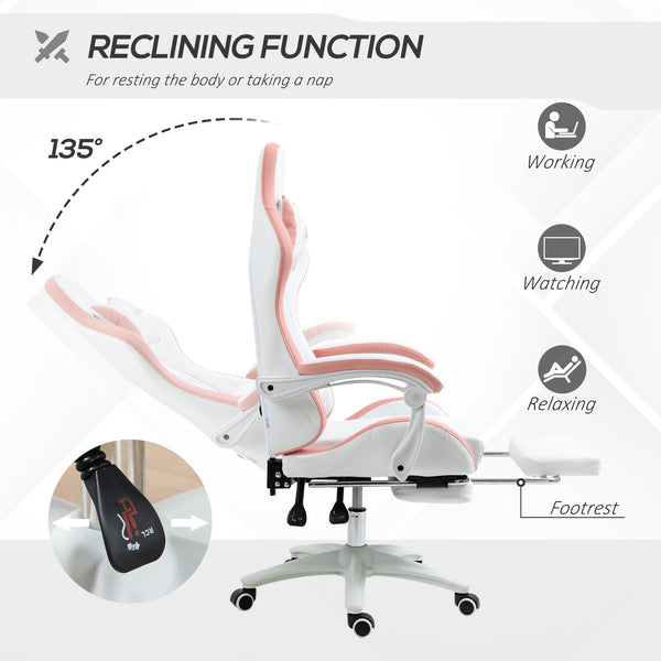 PU leather gaming chair with footrest, reclining backrest, white