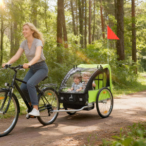 2-seater bicycle trailer with 5-point safety harness and comfortable seat, green