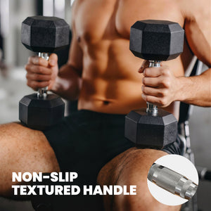 Set of 8 hexagonal dumbbells from 15 to 30 lbs with vertical storage rack