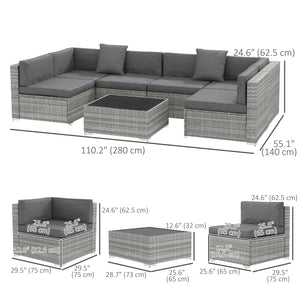 7-piece resin wicker garden set with coffee table and corner sofa, grey