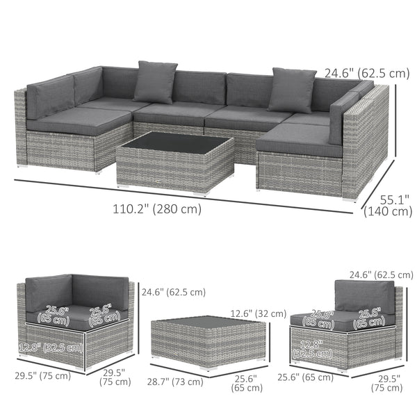 7-piece resin wicker garden set with coffee table and corner sofa, grey