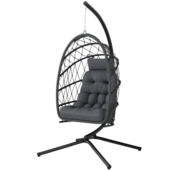 Egg hanging chair with stand, foldable braided rattan swing with thick cushion and safety rope, grey