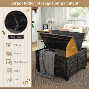 Farmhouse style coffee table with hinged lids, distressed brown