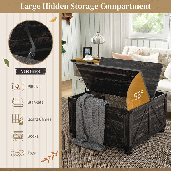 Farmhouse style coffee table with hinged lids, distressed brown