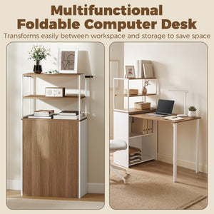 Foldable desk with 4-tier shelf for small spaces