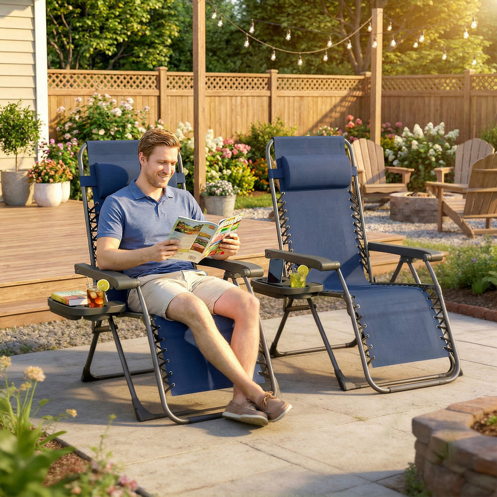 Set of 2 Zero Gravity Outdoor Lounge Chairs, Folding and Reclining, with Cup Holder and Headrest, Dark Blue