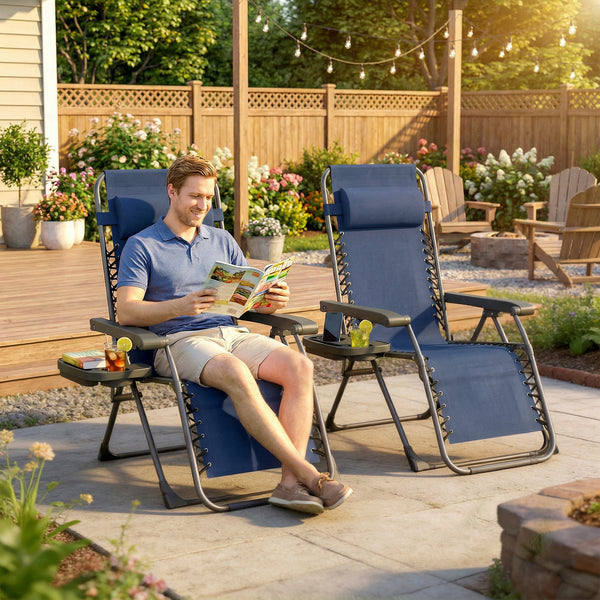 Set of 2 Zero Gravity Outdoor Lounge Chairs, Folding and Reclining, with Cup Holder and Headrest, Dark Blue
