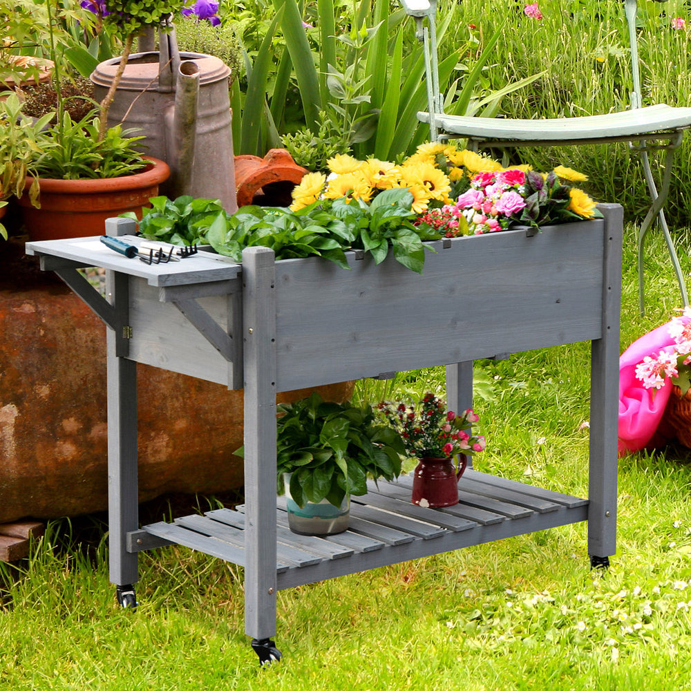 Raised garden bed with 8 compartments and storage shelf, grey