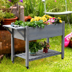 Raised garden bed with 8 compartments and storage shelf, grey