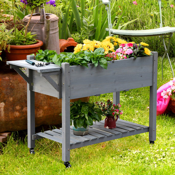 Raised garden bed with 8 compartments and storage shelf, grey