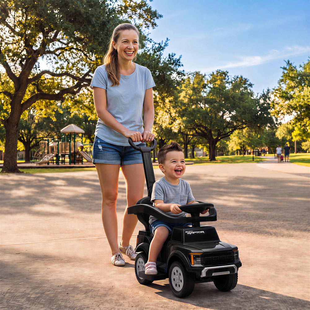 3-in-1 ride-on car with handle and lights, black