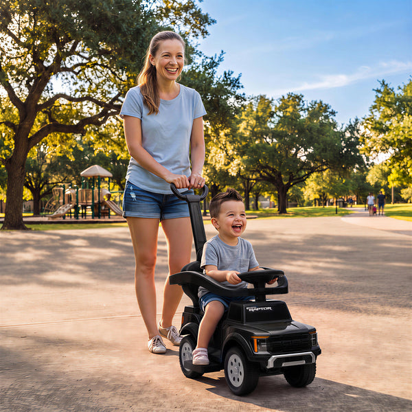 3-in-1 ride-on car with handle and lights, black