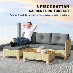3 Piece L-Shaped Garden Furniture Set with Coffee Table and Wooden Top, Light Grey