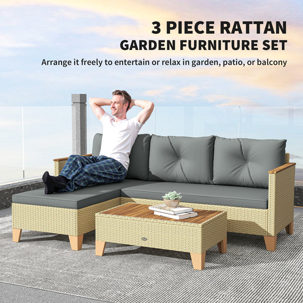 3 Piece L-Shaped Garden Furniture Set with Coffee Table and Wooden Top, Light Grey
