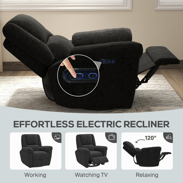 Electric reclining chair, fabric upholstery, USB ports, swivel and rocking function, footrest, black