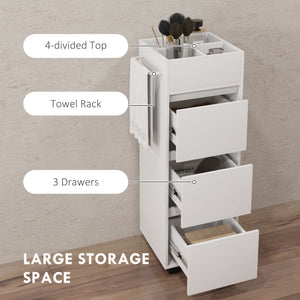 Narrow storage cabinet with 3 drawers, 4 compartments and towel rack – White
