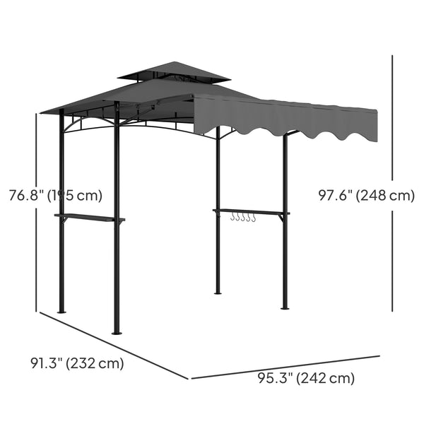 8' x 5' Grill Gazebo, Double Tiered Barbecue Grill Gazebo Shelter with Side Awning, 2 Side Shelves, 6 Hooks, Dark Grey