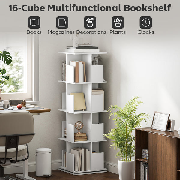 360° Rotating Bookcase with 4 Tiers and 16 Compartments, White Wood