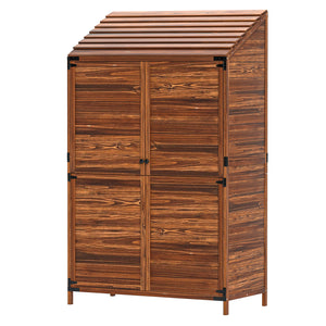 Wooden garden shed with double doors and shelves, mixed brown color