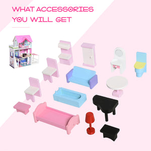 2.9ft Kids Wooden Dollhouse with Furniture, Pink