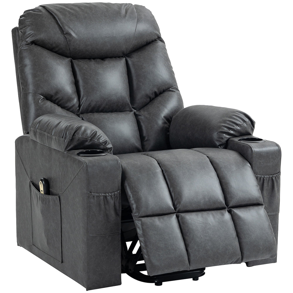 Leather Power Recliner Lift Chair with Remote Control and Cup Holders, Grey