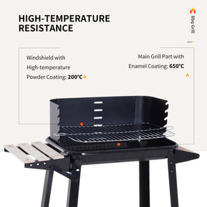Charcoal barbecue with side shelves, storage shelf and wheels