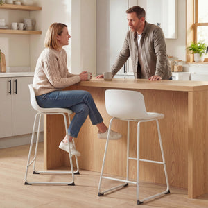 Set of 2 modern faux leather bar stools, counter height, white.