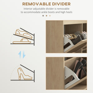 Hallway shoe cabinet with 4 drop-down drawers and adjustable shelves for 20 pairs of shoes, oak