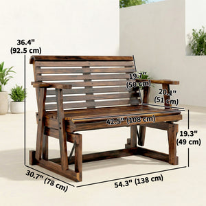 Outdoor Wooden Rocking Bench with 2 Cup Holders, Slat Seat, and Armrests