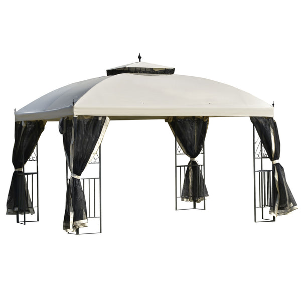 10 x 12 gazebo with double-pitched roof, removable mesh side panels and triangular shelves, beige 
