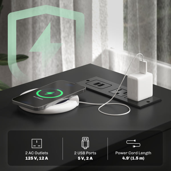 Narrow side table with charging station and storage shelf, black