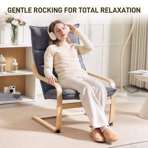 Fabric and birch wood accent chair with curved legs and armrests, gray