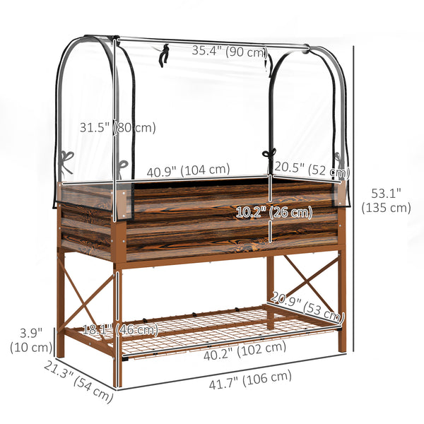 Raised planter with lid, lower shelf and liner, dark brown wood effect