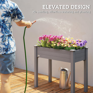 Raised wooden planter with legs, drainage holes and inner bag, dark grey