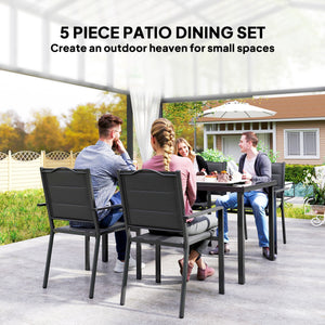 5-Piece Outdoor Dining Set with 4 Stackable Chairs, Rectangular Table, Tempered Glass Top, Steel Frame, Black