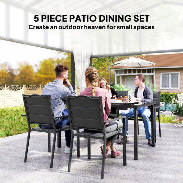 5-Piece Outdoor Dining Set with 4 Stackable Chairs, Rectangular Table, Tempered Glass Top, Steel Frame, Black