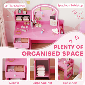Dressing table and chair set with illuminated mirror, cabinet, drawer and shelves, pink
