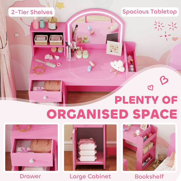 Dressing table and chair set with illuminated mirror, cabinet, drawer and shelves, pink