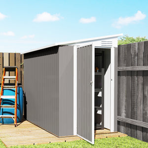 Lean-to metal garden shed with lockable door and ventilation, light grey