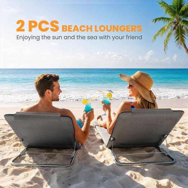 2 Pieces Beach Lounge Chair, Outdoor Folding Chaise Lounge Set w/ Pillow for Sunbath, Snap, Grey
